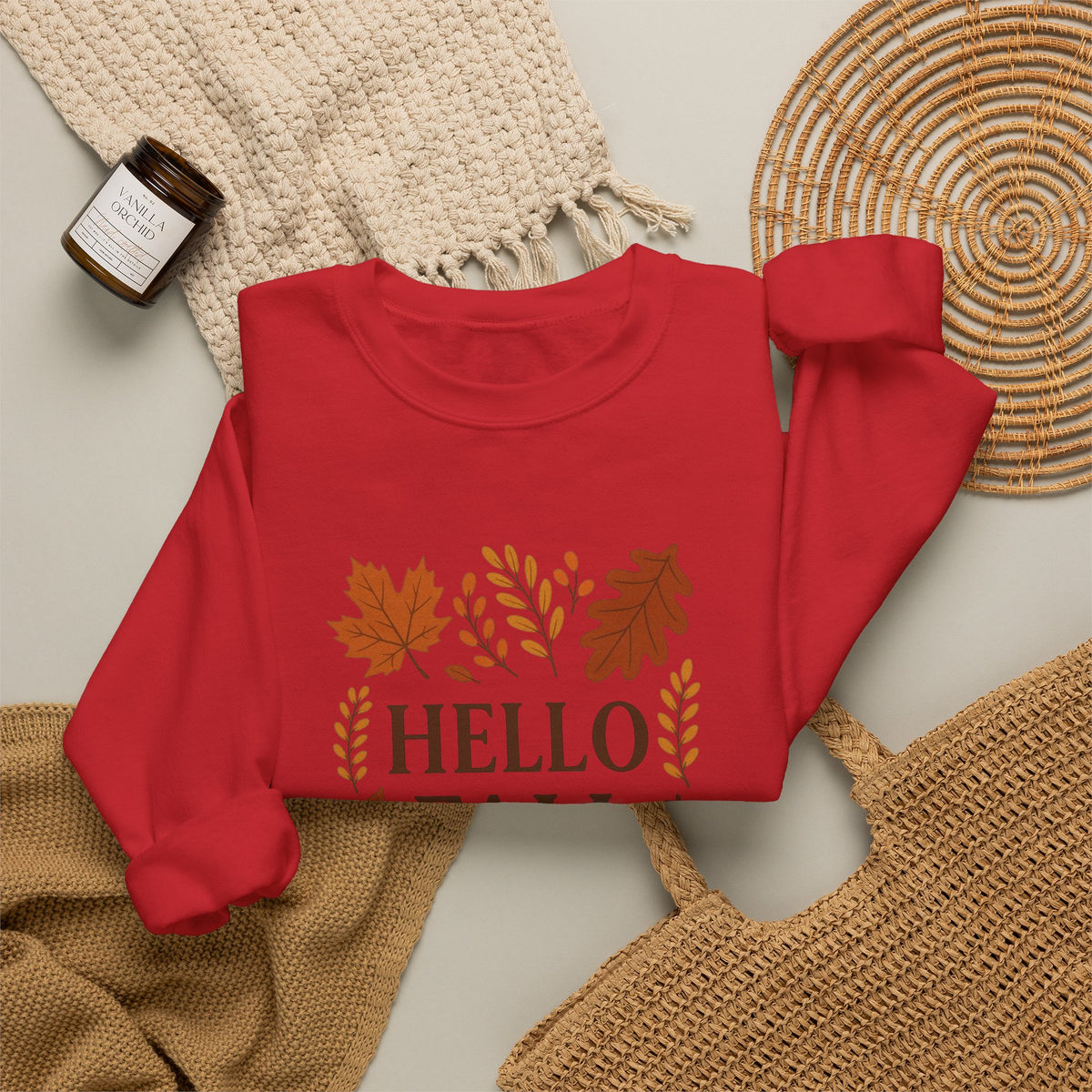 Hello Fall Crewneck Sweatshirt – Autumn Leaves Graphic Pullover