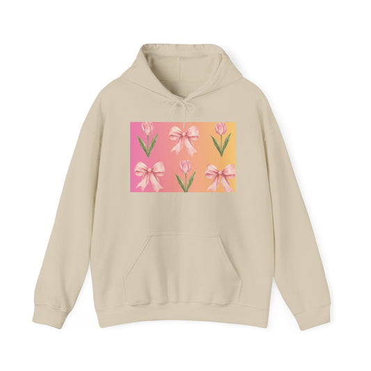 Floral Pink Bow Tulip Hoodie — Spring Pastel Graphic Sweatshirt