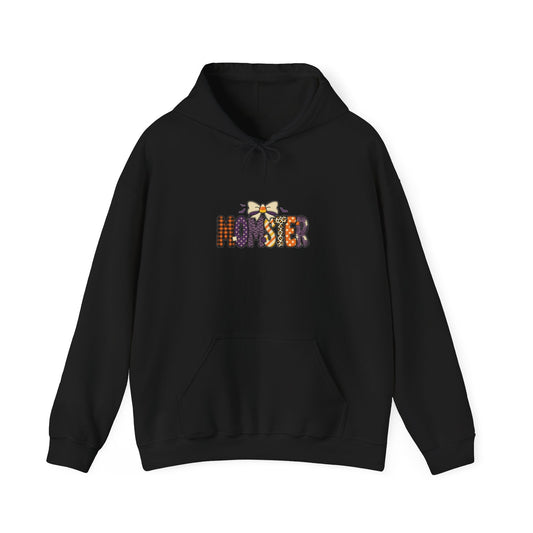 Momster Halloween Hoodie | spooky lettering, bats, purple & orange