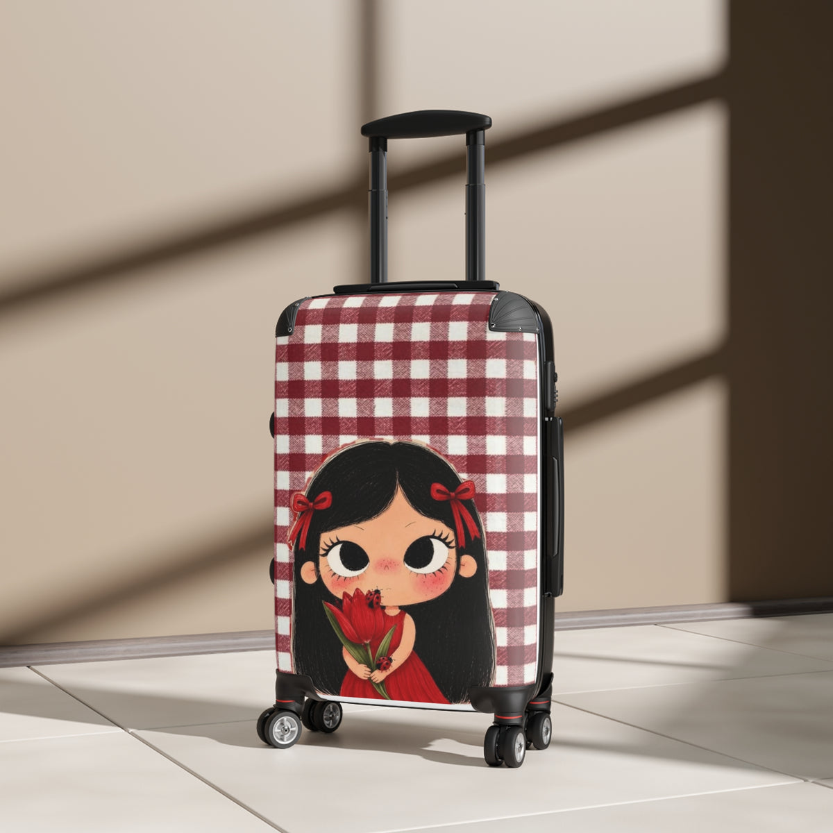 Cute Red Plaid Suitcase – Girl with Tulip Cute Travel Luggage