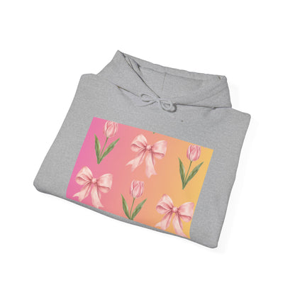 Floral Pink Bow Tulip Hoodie — Spring Pastel Graphic Sweatshirt