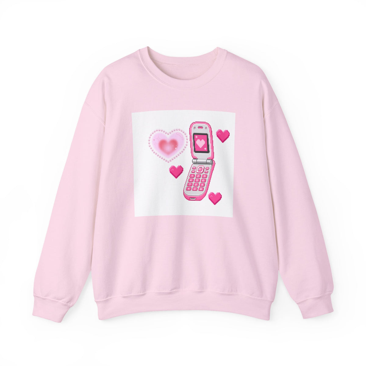 Retro Pink Flip Phone Sweatshirt — Cute Kawaii Heart Graphic Crewneck