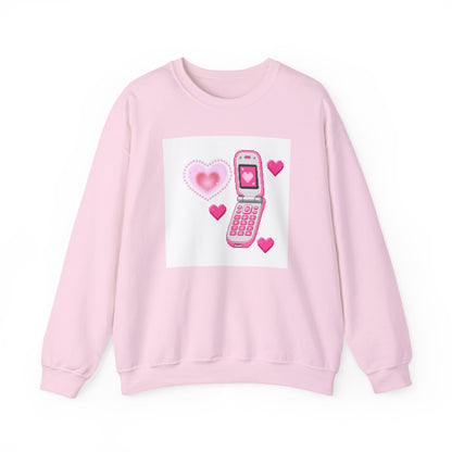 Retro Pink Flip Phone Sweatshirt — Cute Kawaii Heart Graphic Crewneck