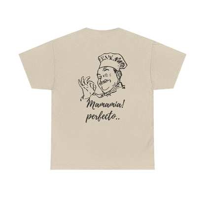 MINIMALIST| Funny way to compliment;Chef Illustration T-Shirt — "Mamamia! perfecto." Retro Italian Cook Tee