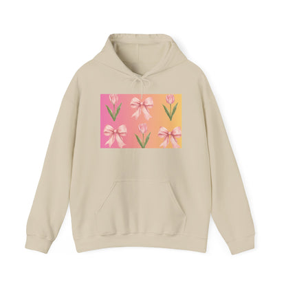 Floral Pink Bow Tulip Hoodie — Spring Pastel Graphic Sweatshirt