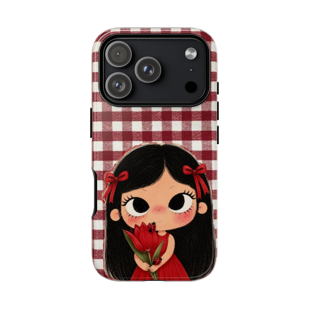 Cute Red Gingham Girl Phone Case – Floral Heartfelt Protective iPhone Cover