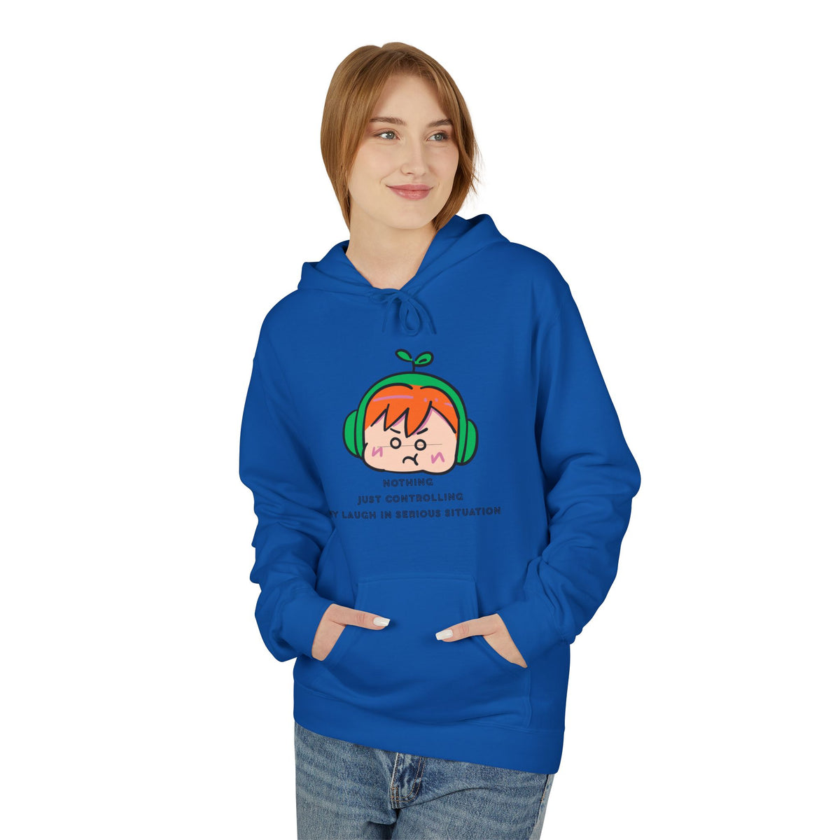 MINIMALIST & AESTHETIC |Hoodie — Cute Anime Girl with Headphones "Nothing, Just Controlling My Laugh" Graphic