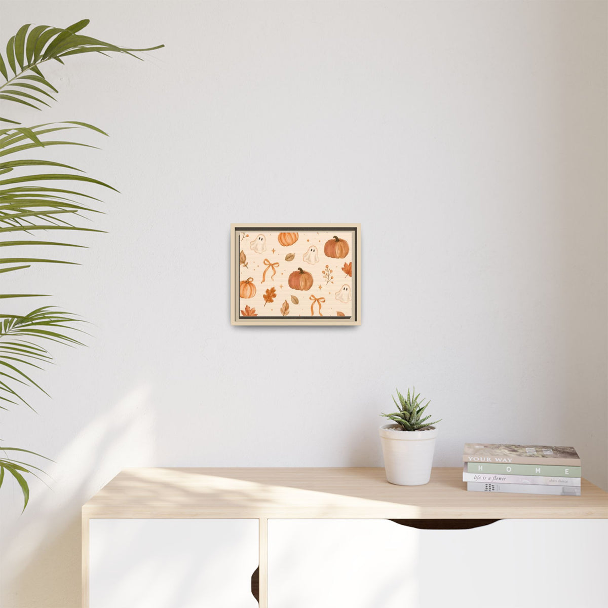 MINIMALIST| Wall art, Autumn Pumpkin & Ghost Framed Canvas — Halloween Fall Wall Art