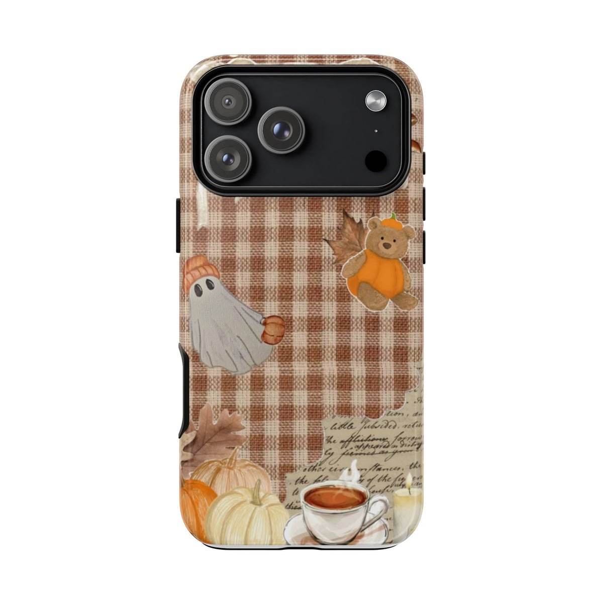 MINIMALIST & AESTHETIC |Phone Case - Cozy Autumn Plaid with Ghost, Pumpkins & Coffee