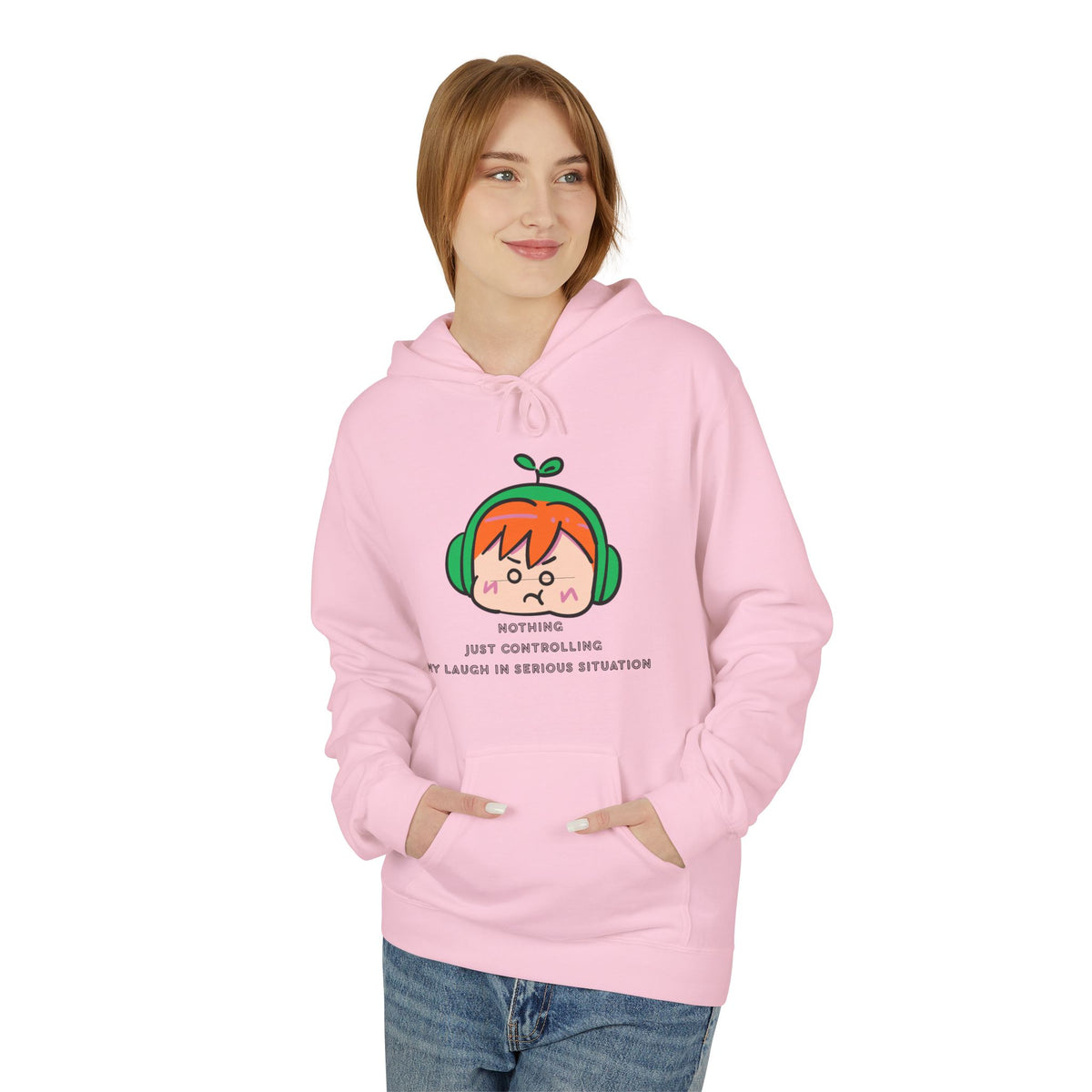 MINIMALIST & AESTHETIC |Hoodie — Cute Anime Girl with Headphones "Nothing, Just Controlling My Laugh" Graphic