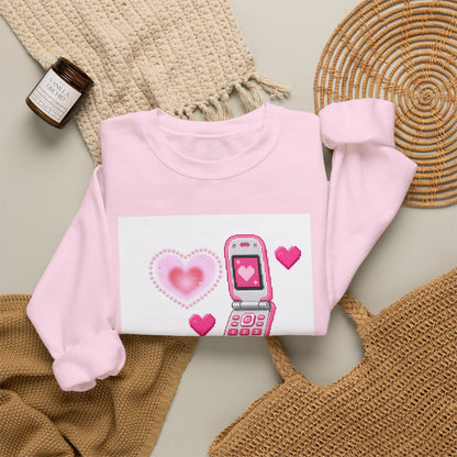 Retro Pink Flip Phone Sweatshirt — Cute Kawaii Heart Graphic Crewneck