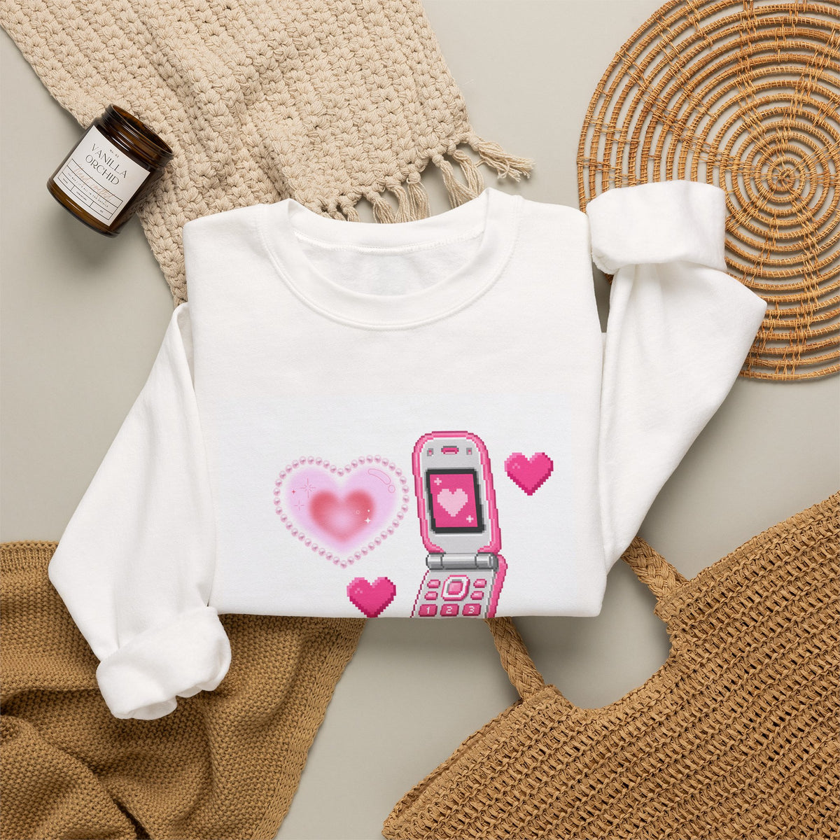Retro Pink Flip Phone Sweatshirt — Cute Kawaii Heart Graphic Crewneck
