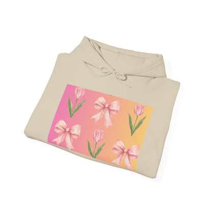 Floral Pink Bow Tulip Hoodie — Spring Pastel Graphic Sweatshirt