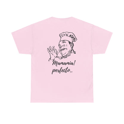 MINIMALIST| Funny way to compliment;Chef Illustration T-Shirt — "Mamamia! perfecto." Retro Italian Cook Tee