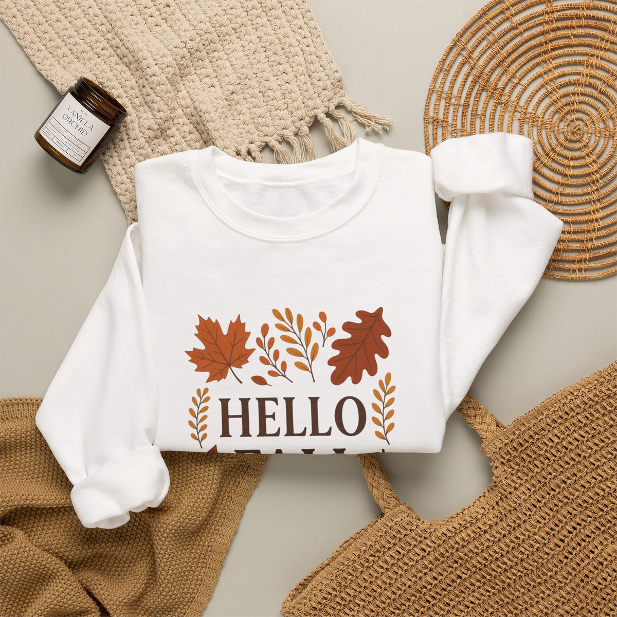 Hello Fall Crewneck Sweatshirt – Autumn Leaves Graphic Pullover