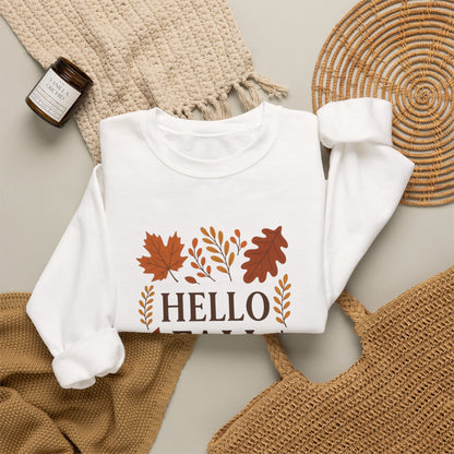 Hello Fall Crewneck Sweatshirt – Autumn Leaves Graphic Pullover