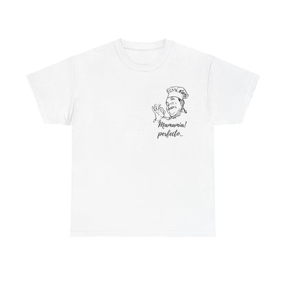 MINIMALIST| Funny way to compliment;Chef Illustration T-Shirt — "Mamamia! perfecto." Retro Italian Cook Tee