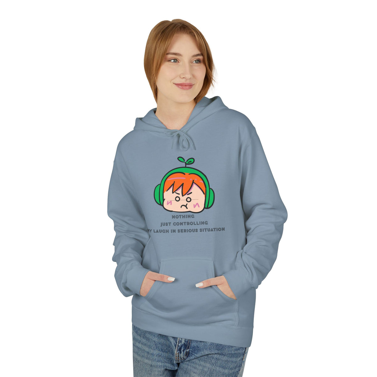 MINIMALIST & AESTHETIC |Hoodie — Cute Anime Girl with Headphones "Nothing, Just Controlling My Laugh" Graphic