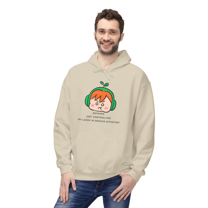 MINIMALIST & AESTHETIC |Hoodie — Cute Anime Girl with Headphones "Nothing, Just Controlling My Laugh" Graphic