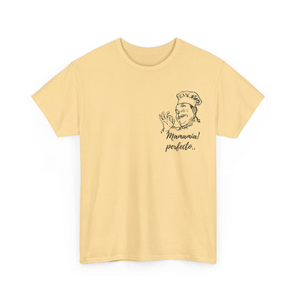 MINIMALIST| Funny way to compliment;Chef Illustration T-Shirt — "Mamamia! perfecto." Retro Italian Cook Tee