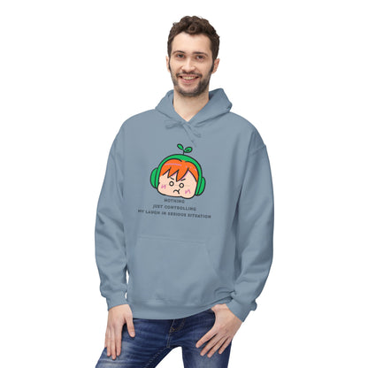 MINIMALIST & AESTHETIC |Hoodie — Cute Anime Girl with Headphones "Nothing, Just Controlling My Laugh" Graphic