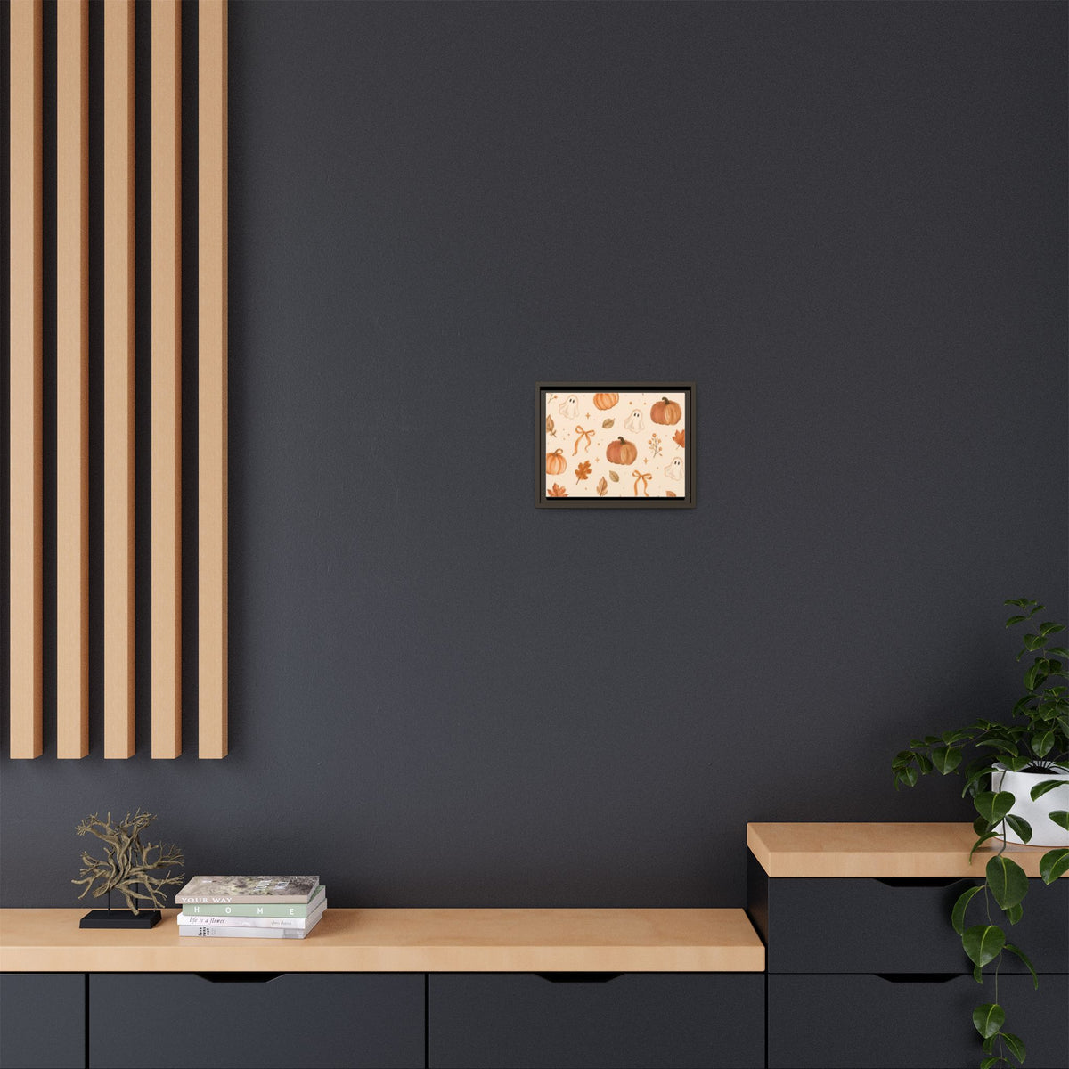 MINIMALIST| Wall art, Autumn Pumpkin & Ghost Framed Canvas — Halloween Fall Wall Art