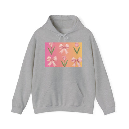 Floral Pink Bow Tulip Hoodie — Spring Pastel Graphic Sweatshirt