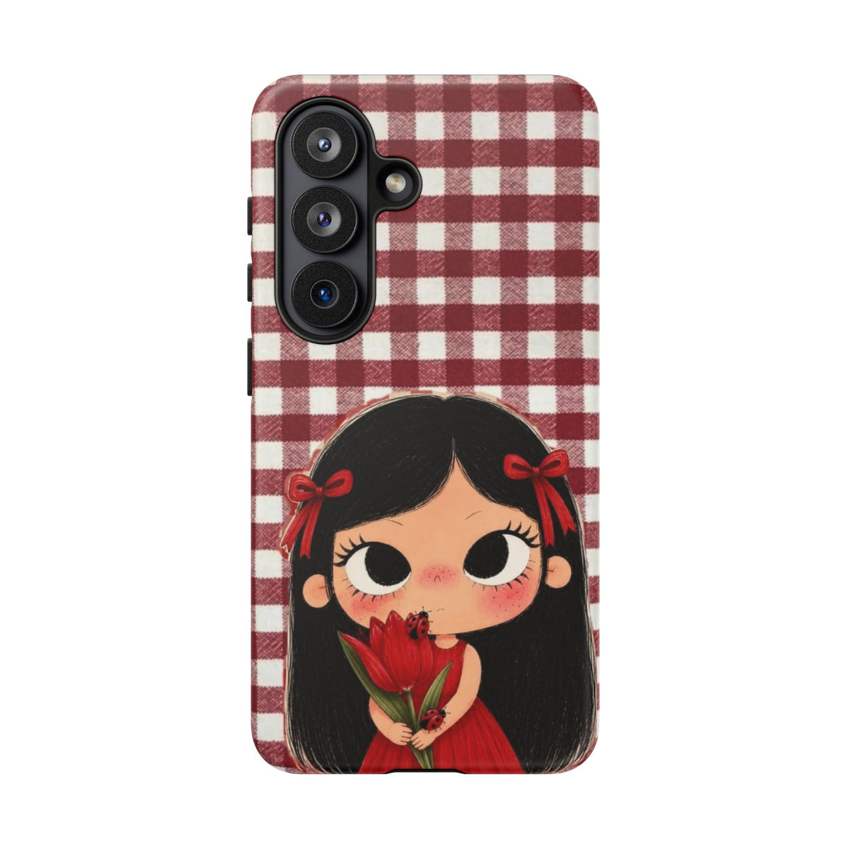 Cute Red Gingham Girl Phone Case – Floral Heartfelt Protective iPhone Cover