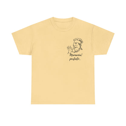MINIMALIST| Funny way to compliment;Chef Illustration T-Shirt — "Mamamia! perfecto." Retro Italian Cook Tee