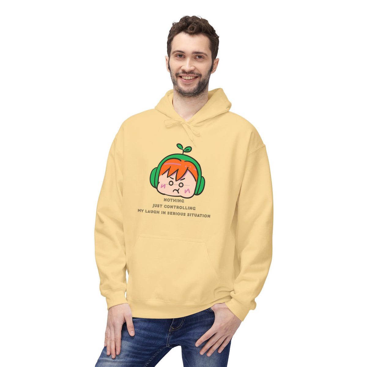 MINIMALIST & AESTHETIC |Hoodie — Cute Anime Girl with Headphones "Nothing, Just Controlling My Laugh" Graphic