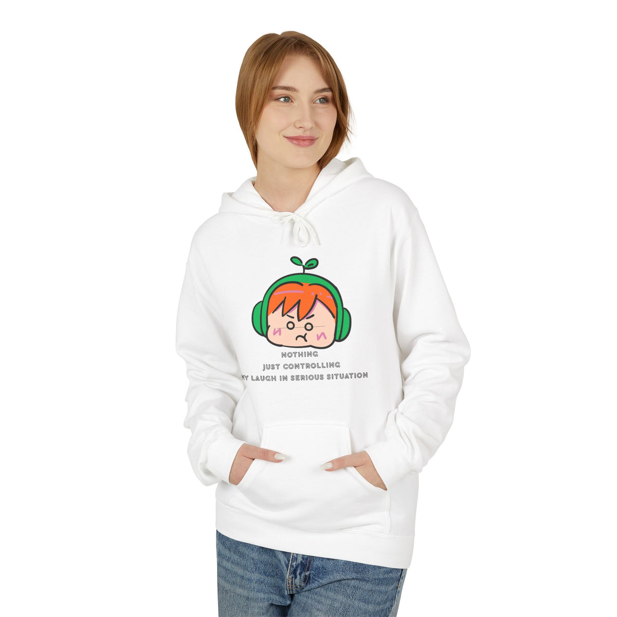 MINIMALIST & AESTHETIC |Hoodie — Cute Anime Girl with Headphones "Nothing, Just Controlling My Laugh" Graphic