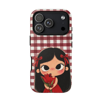Cute Red Gingham Girl Phone Case – Floral Heartfelt Protective iPhone Cover