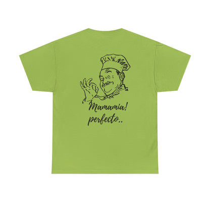 MINIMALIST| Funny way to compliment;Chef Illustration T-Shirt — "Mamamia! perfecto." Retro Italian Cook Tee