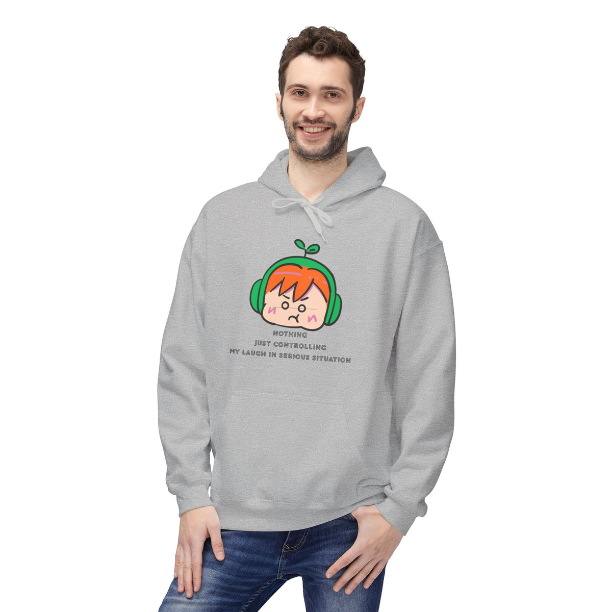 MINIMALIST & AESTHETIC |Hoodie — Cute Anime Girl with Headphones "Nothing, Just Controlling My Laugh" Graphic