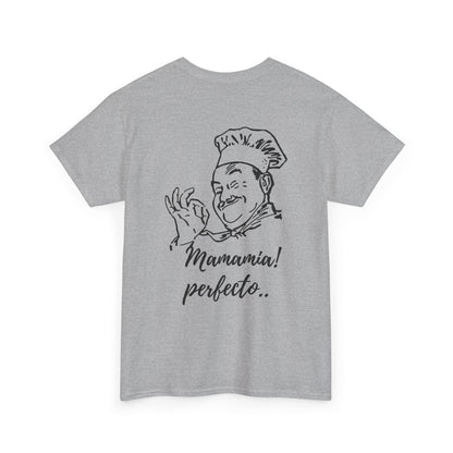 MINIMALIST| Funny way to compliment;Chef Illustration T-Shirt — "Mamamia! perfecto." Retro Italian Cook Tee