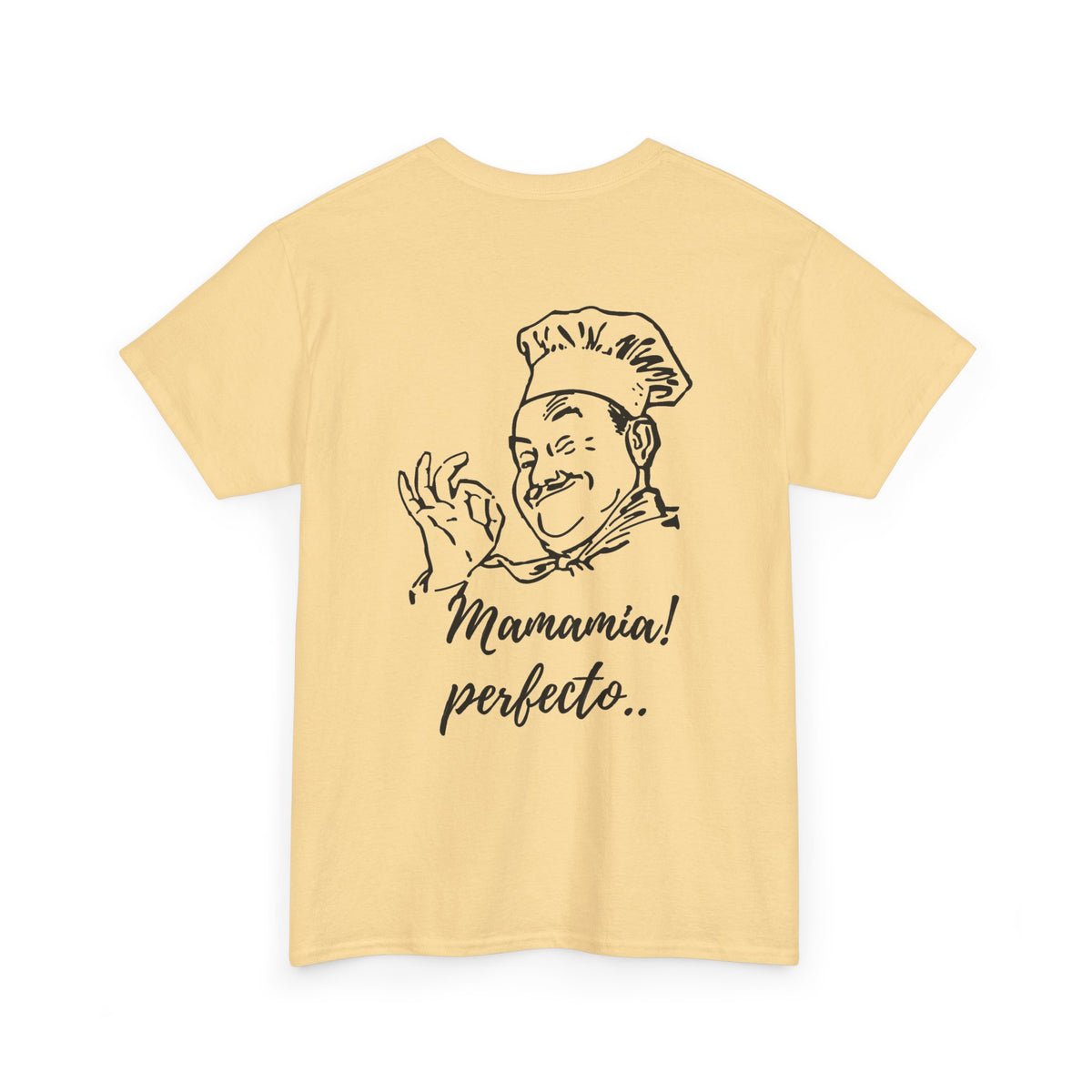MINIMALIST| Funny way to compliment;Chef Illustration T-Shirt — "Mamamia! perfecto." Retro Italian Cook Tee