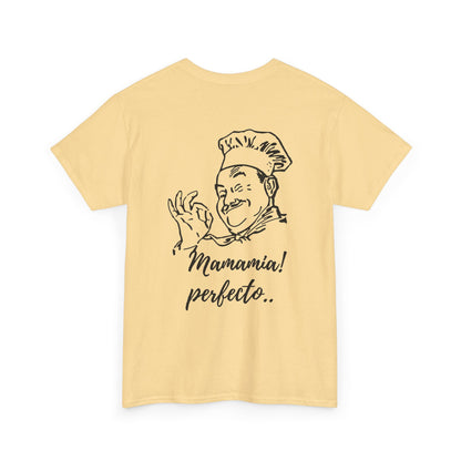 MINIMALIST| Funny way to compliment;Chef Illustration T-Shirt — "Mamamia! perfecto." Retro Italian Cook Tee