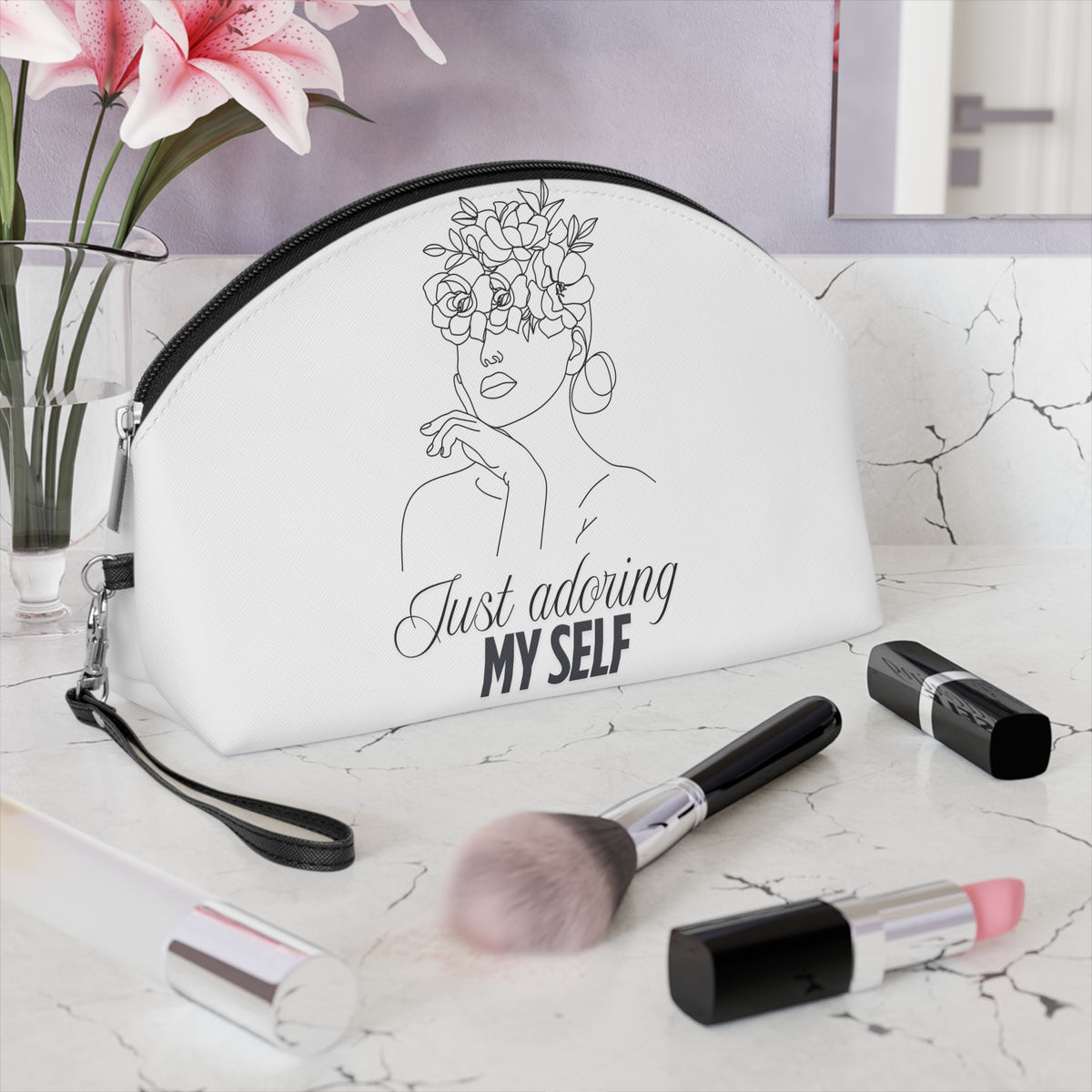 Minimalist  makeup lover Makeup Bag — "Just Adoring My Self" Floral Line Art Cosmetic Pouch