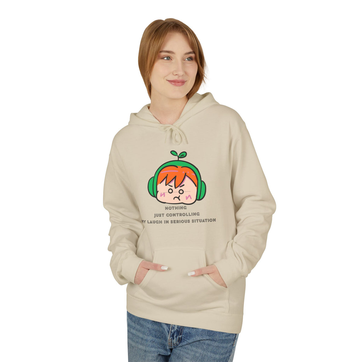 MINIMALIST & AESTHETIC |Hoodie — Cute Anime Girl with Headphones "Nothing, Just Controlling My Laugh" Graphic