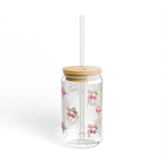 Coquette|Cherry Blossom Sipper Glass - 16oz Floral Straw Tumbler with Bamboo Lid