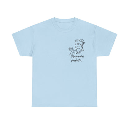 MINIMALIST| Funny way to compliment;Chef Illustration T-Shirt — "Mamamia! perfecto." Retro Italian Cook Tee