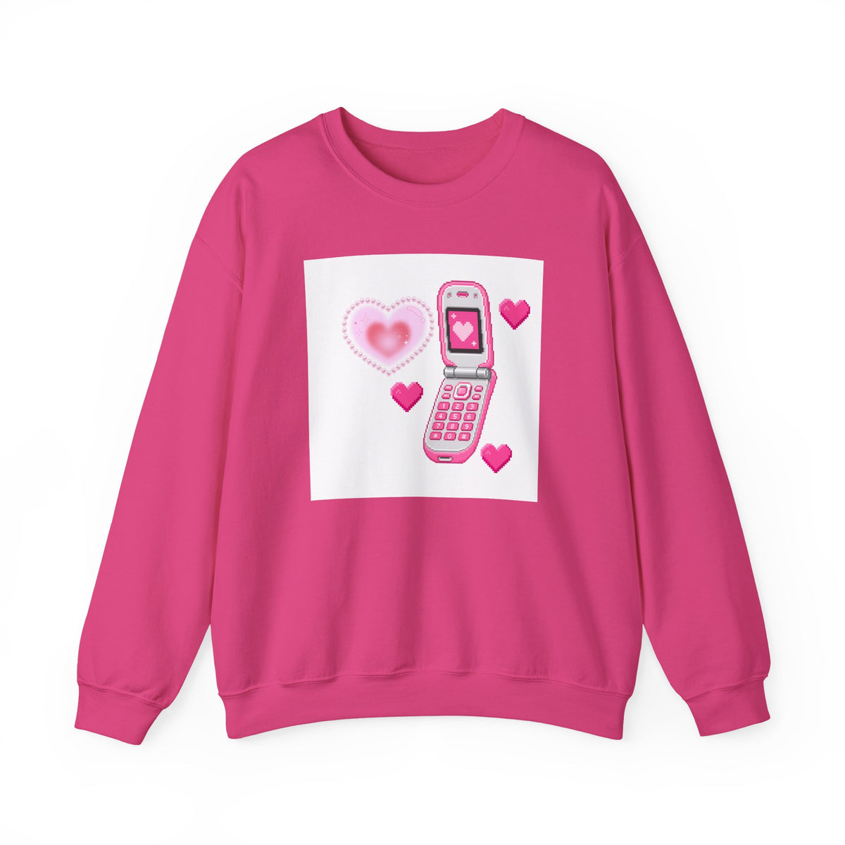 Retro Pink Flip Phone Sweatshirt — Cute Kawaii Heart Graphic Crewneck
