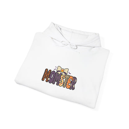 Momster Halloween Hoodie | spooky lettering, bats, purple & orange