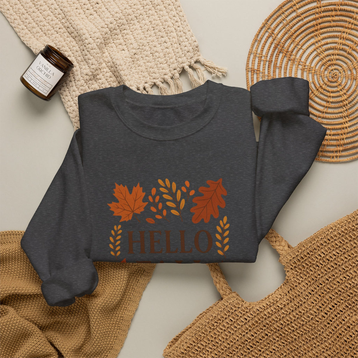 Hello Fall Crewneck Sweatshirt – Autumn Leaves Graphic Pullover