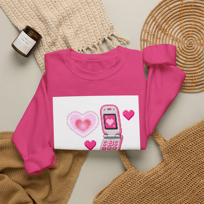 Retro Pink Flip Phone Sweatshirt — Cute Kawaii Heart Graphic Crewneck