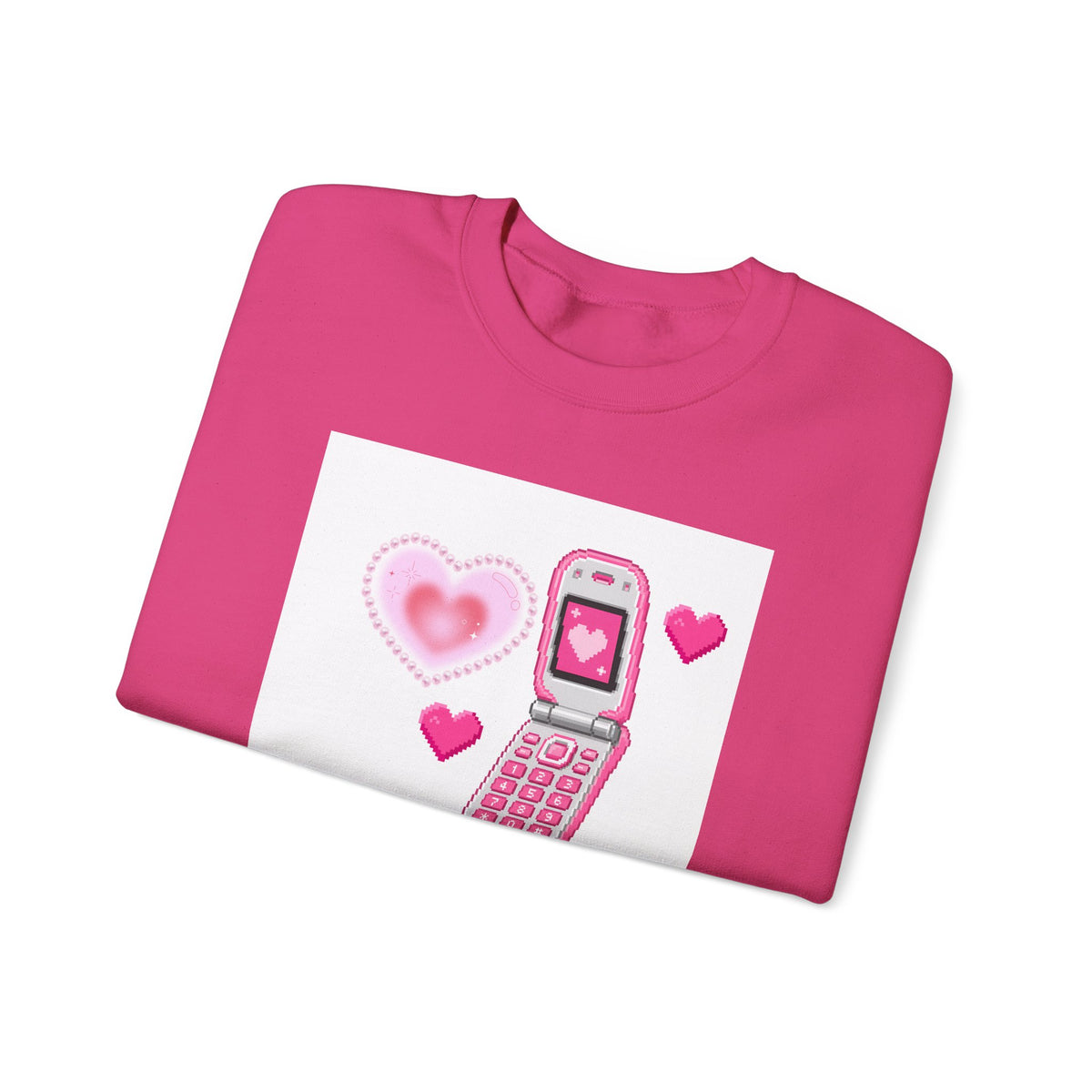 Retro Pink Flip Phone Sweatshirt — Cute Kawaii Heart Graphic Crewneck