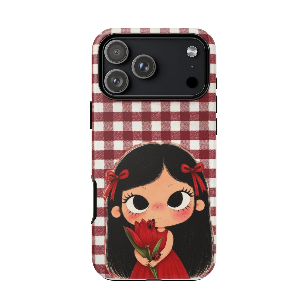 Cute Red Gingham Girl Phone Case – Floral Heartfelt Protective iPhone Cover
