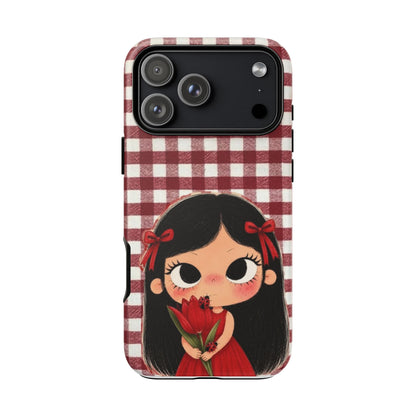 Cute Red Gingham Girl Phone Case – Floral Heartfelt Protective iPhone Cover