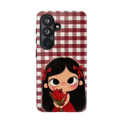 Cute Red Gingham Girl Phone Case – Floral Heartfelt Protective iPhone Cover