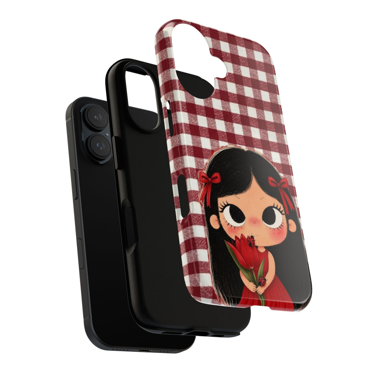 Cute Red Gingham Girl Phone Case – Floral Heartfelt Protective iPhone Cover